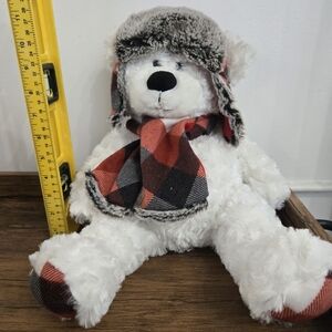 Hugfun White Teddy Bear Plush Red Plaid Hat Scarf Stuffed Animal 17"